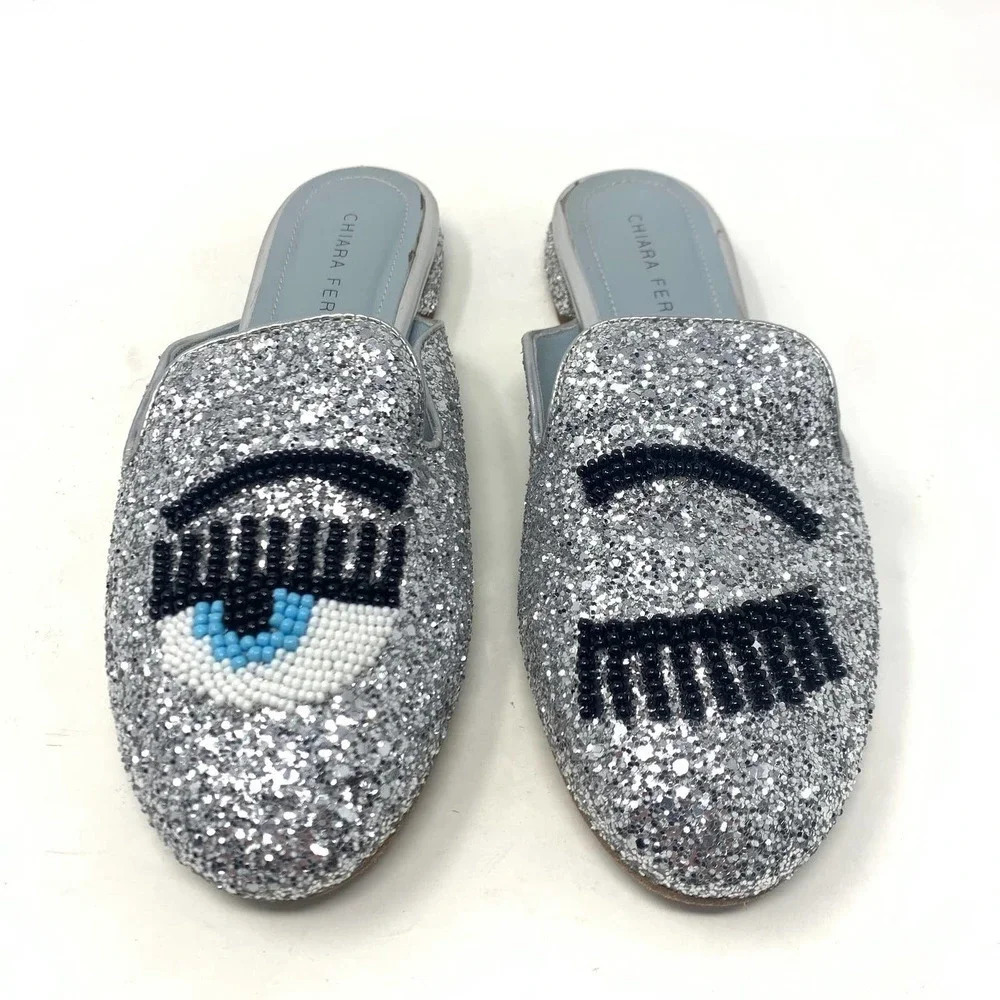 Chiara‎ Ferragni Flirting Silver Glitter Beaded Flat Mules Size 36 / US 6
